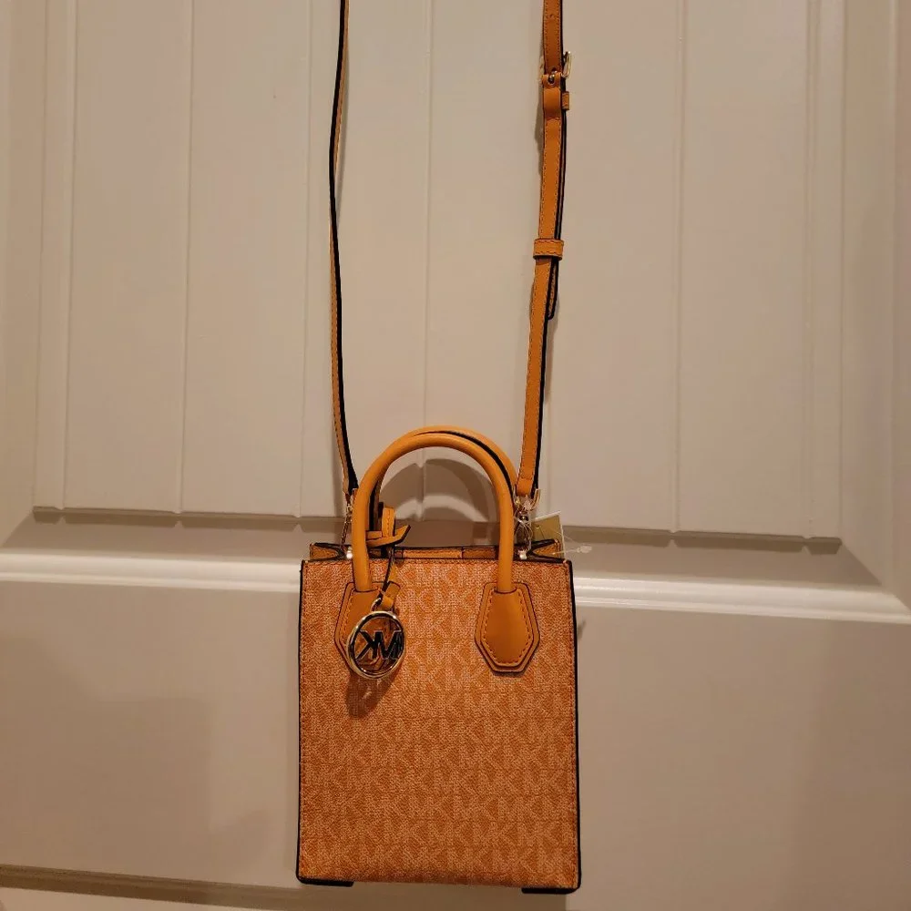 Michael Kors XS Crossbody Bag MK Monogram Orange Leather Mini Tote NWT